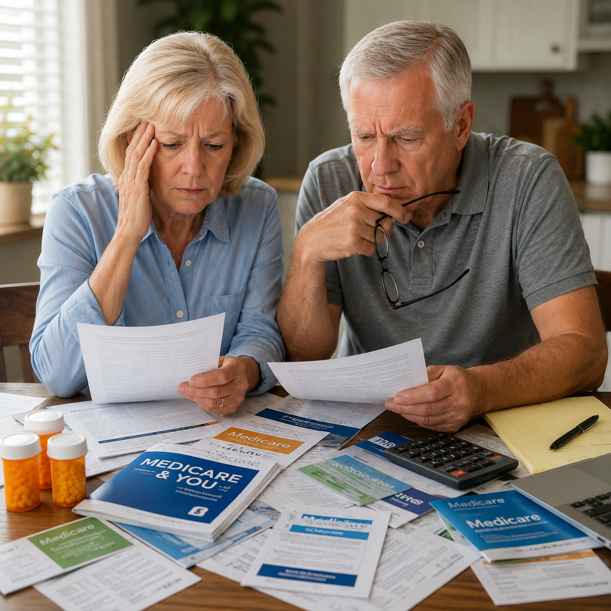 A couple turning 65 sits at their kitchen table reviewing Medicare paperwork, prescription information, and insurance documents while looking overwhelmed by the choices.