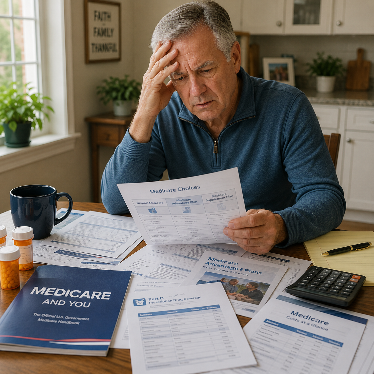 A man turning 65 reviews Medicare documents, prescription information, and insurance paperwork at his kitchen table while looking confused about his coverage options.
